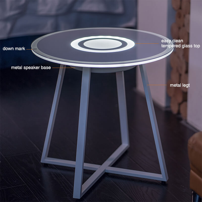 HOMEMORE high quality tempered glass top metal legs USB charging port round table speaker with blue tooth and RGB light