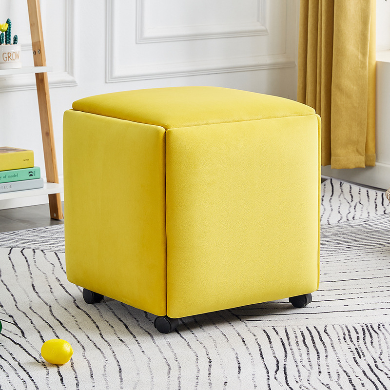 HOMEMORE 5 in 1 organized modern square small telescopic padded velvet leather box ottoman wheel stool for living room