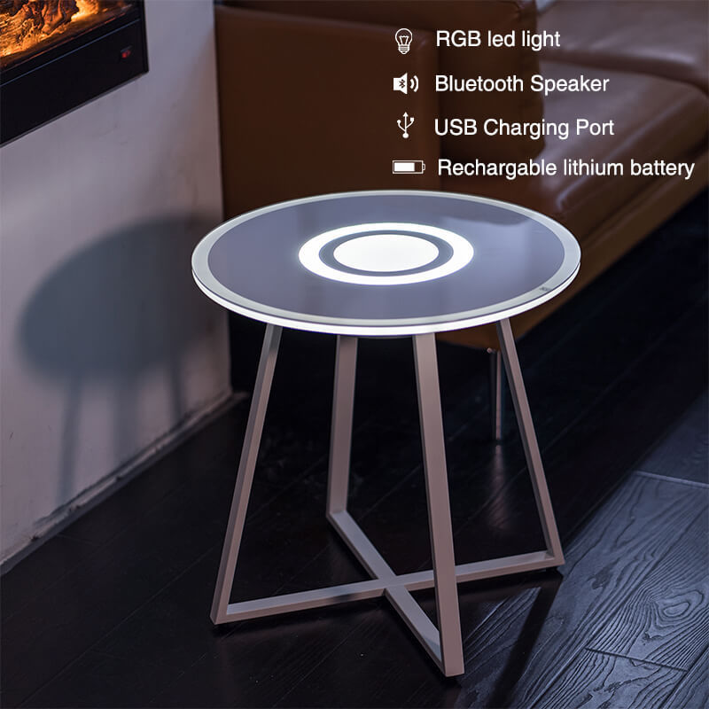 HOMEMORE high quality tempered glass top metal legs USB charging port round table speaker with blue tooth and RGB light