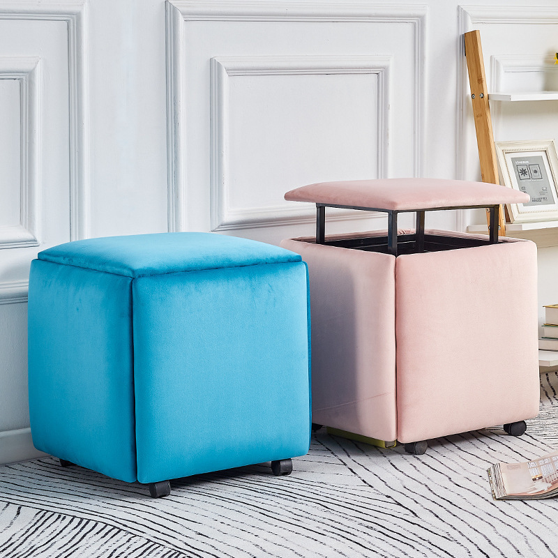 Multifunctional Footstool Square 5-in-1 Cube Sofa Pouffe Stool Upholstered Dressing Table Stool Change Shoe Vanity Ottoman Bench