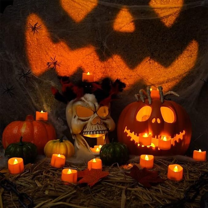 Homemory Halloween 12 Pack Orange Tea Light Candles, Battery Operated LED Tea Lights, Small Pumpkins Lights, Flameless