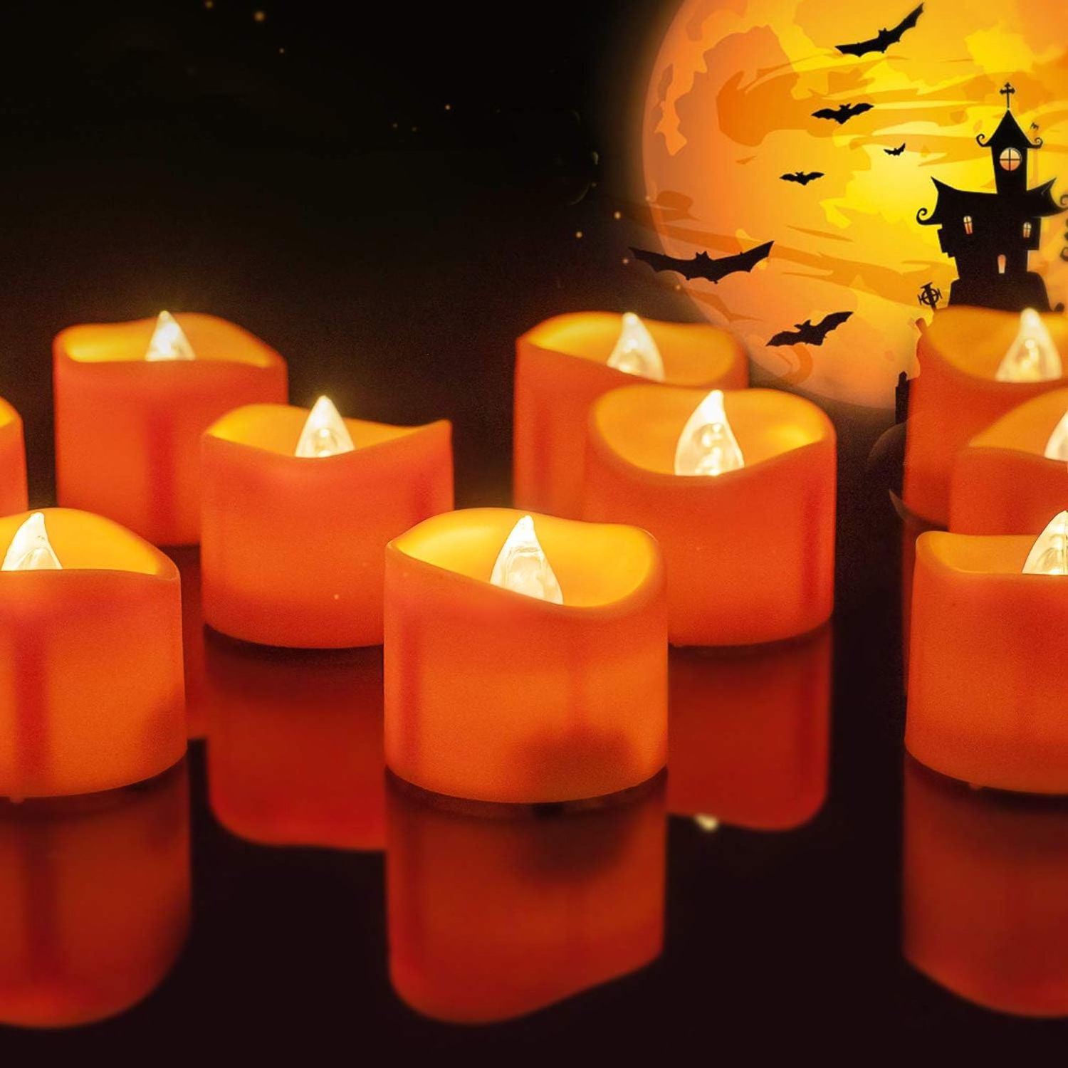 Homemory Halloween 12 Pack Orange Tea Light Candles, Battery Operated LED Tea Lights, Small Pumpkins Lights, Flameless