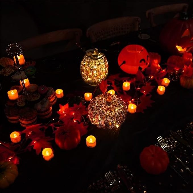 Homemory Halloween 12 Pack Orange Tea Light Candles, Battery Operated LED Tea Lights, Small Pumpkins Lights, Flameless