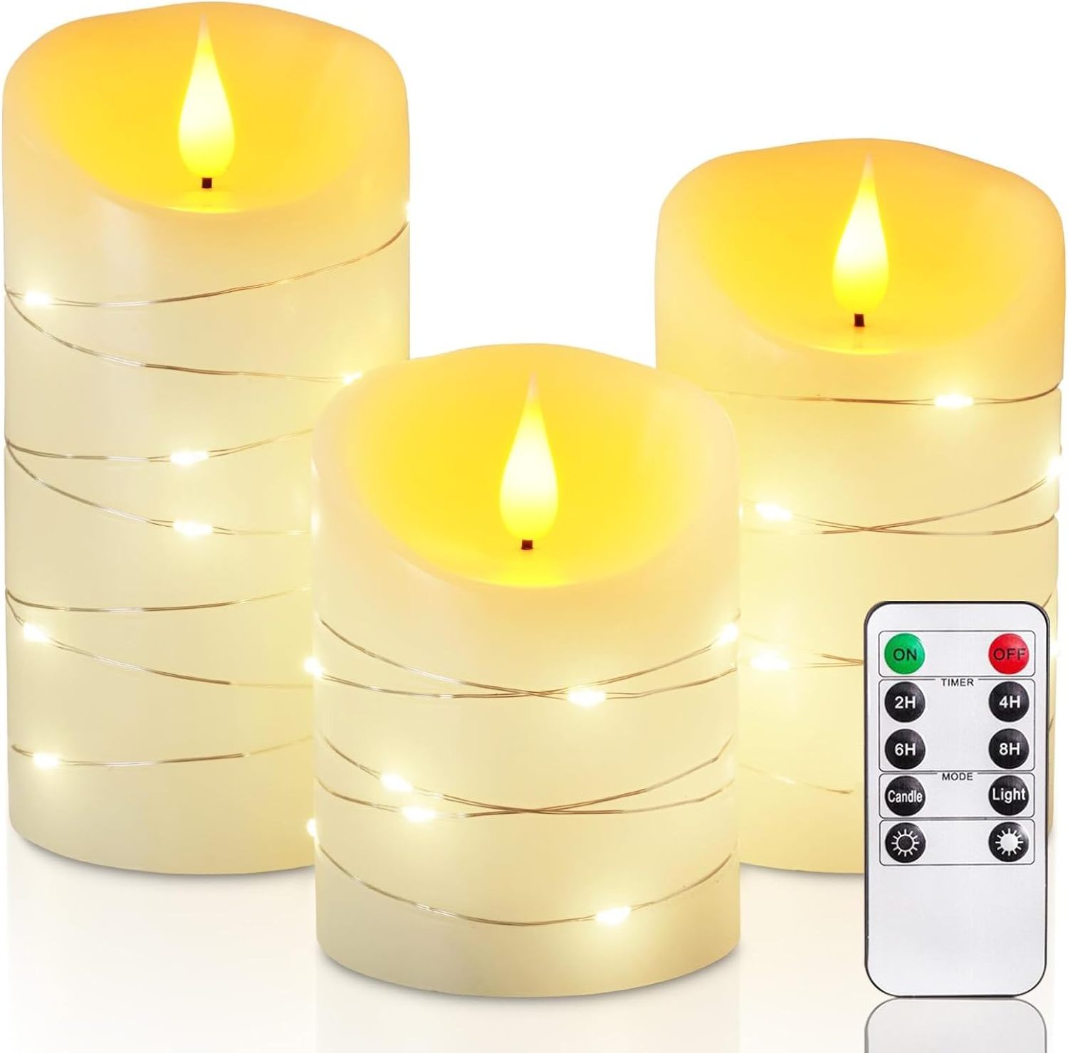 Homemory Flameless Candles with String Lights, 3 Pack Embedded Fairy String Lights LED Electric Flickering Real Wax Candles