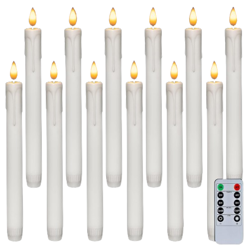 Homemory 12 Pcs Plastic Flameless Taper Candles with Remote Timer Dimmer, White Taper Candles Battery Operated