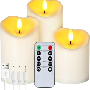 Homemory LED Flameless Rechargeable Pillar Candles Battery Operated with Remote Timers Outdoor Waterproof Set of 3 Long Lasting