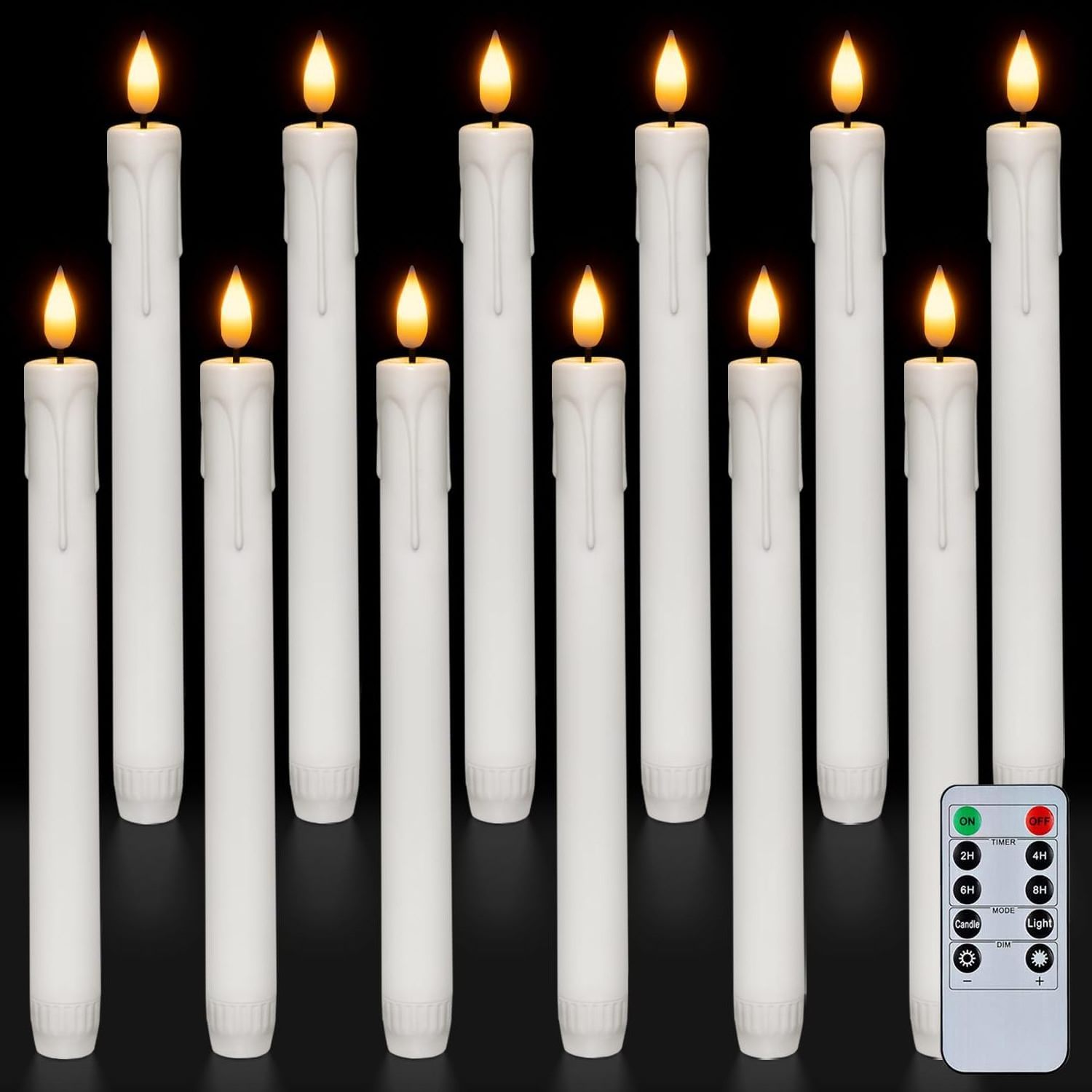 Homemory 12 Pcs Plastic Flameless Taper Candles with Remote Timer Dimmer, White Taper Candles Battery Operated