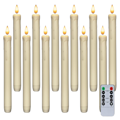 Homemory 12 Pcs Plastic Flameless Taper Candles with Remote Timer Dimmer, Ivory Led Candlesticks with Flickering Flame Light