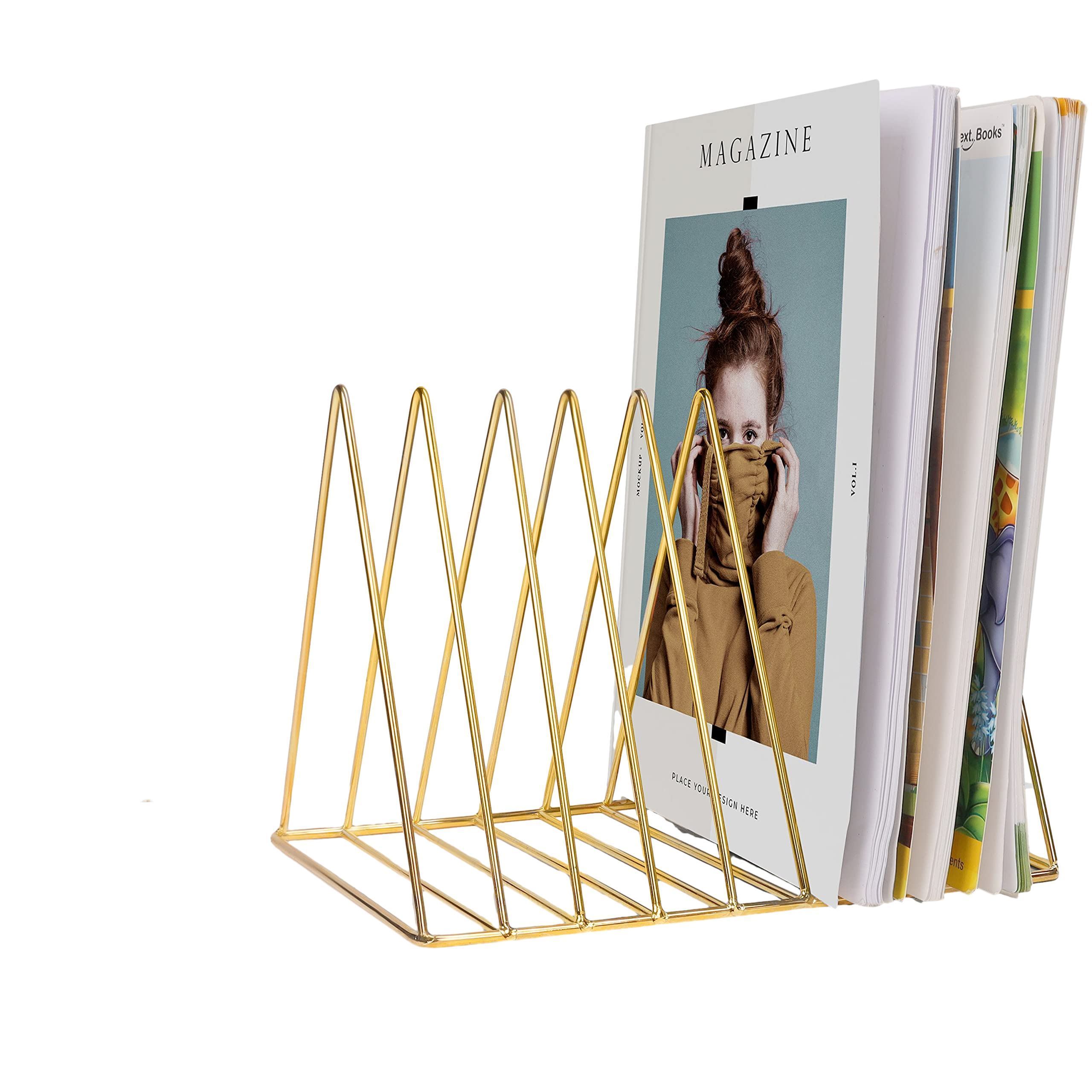 NISEVEN Creative Design 9 Slot Triangle Desktop Organiser Book Stand Holder for Newspapers Magazine Metal Gold Book Holder