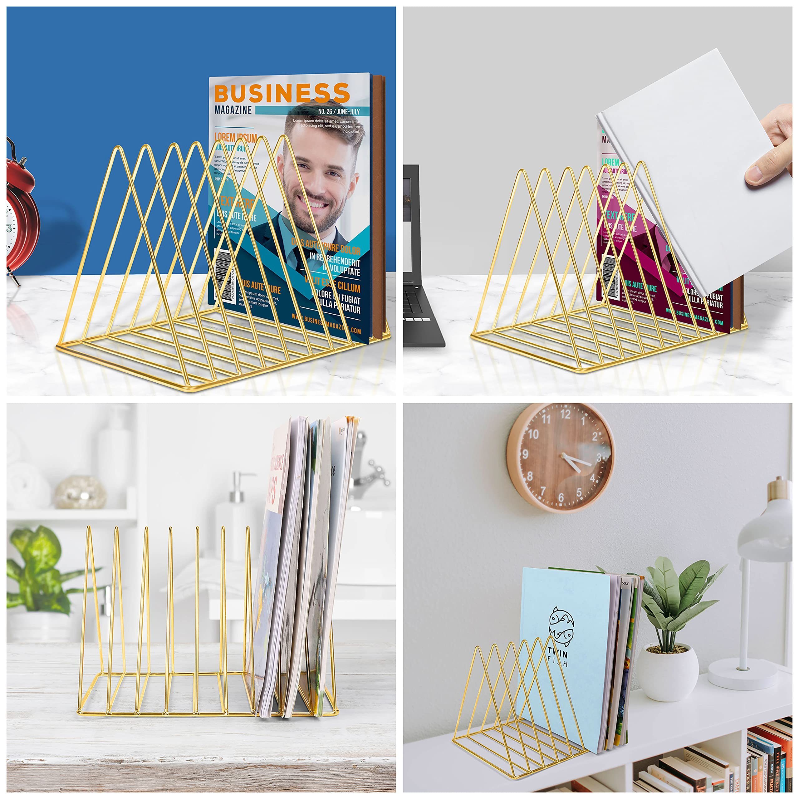 NISEVEN Creative Design 9 Slot Triangle Desktop Organiser Book Stand Holder for Newspapers Magazine Metal Gold Book Holder