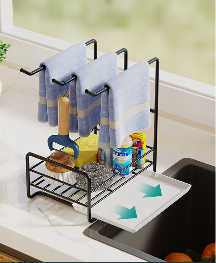 NISEVEN Hot Sale Multifunction Sink Organizer Kitchen Hanging Sink Soap Sponge Holder With Drain Pan Carbon Steel Sink Caddy