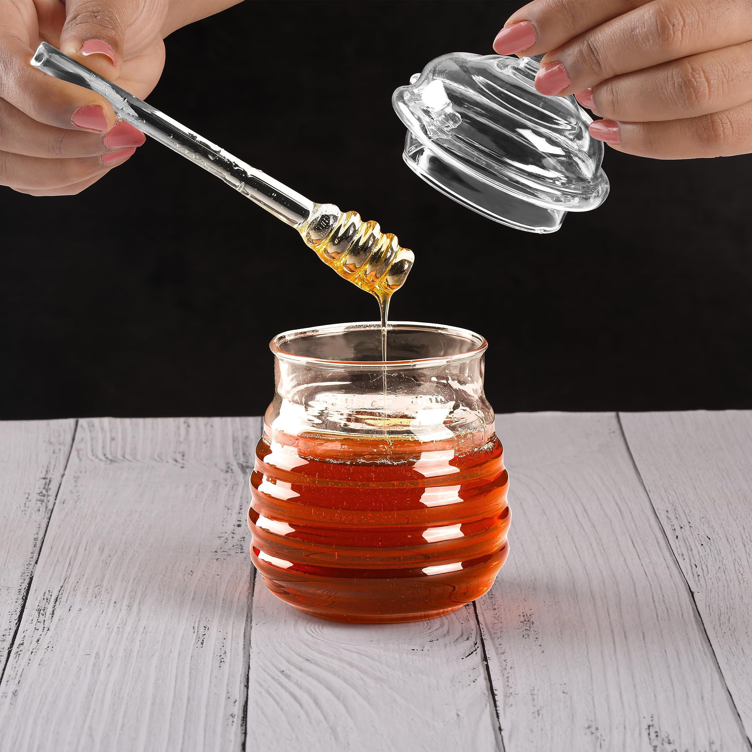 NISEVEN Creative Design Honey Pot With Dipper & Lid for Home Kitchen Reusable Round Glass Honey Jar