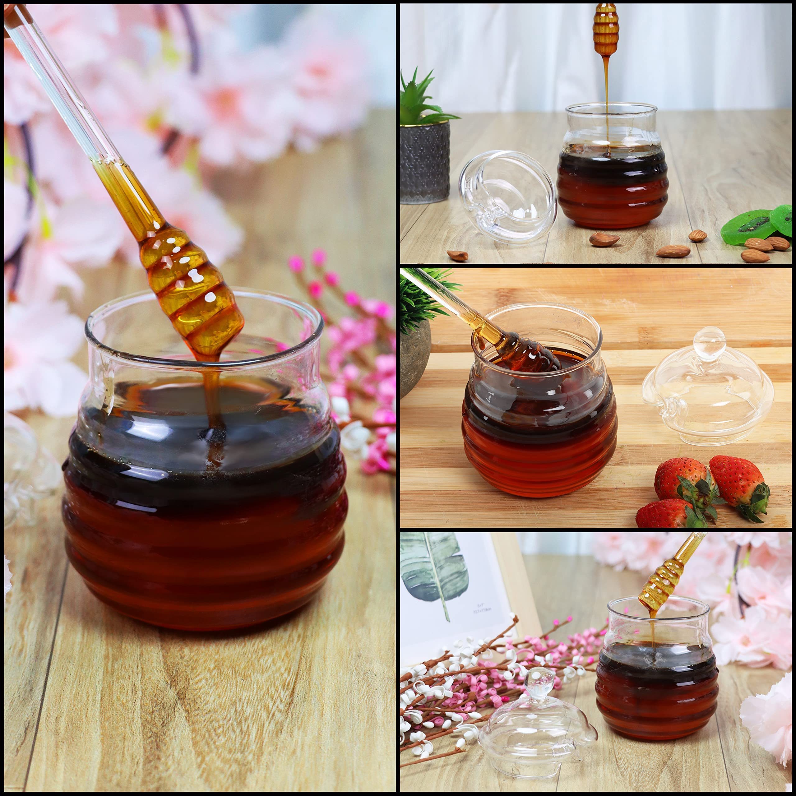 NISEVEN Creative Design Honey Pot With Dipper & Lid for Home Kitchen Reusable Round Glass Honey Jar