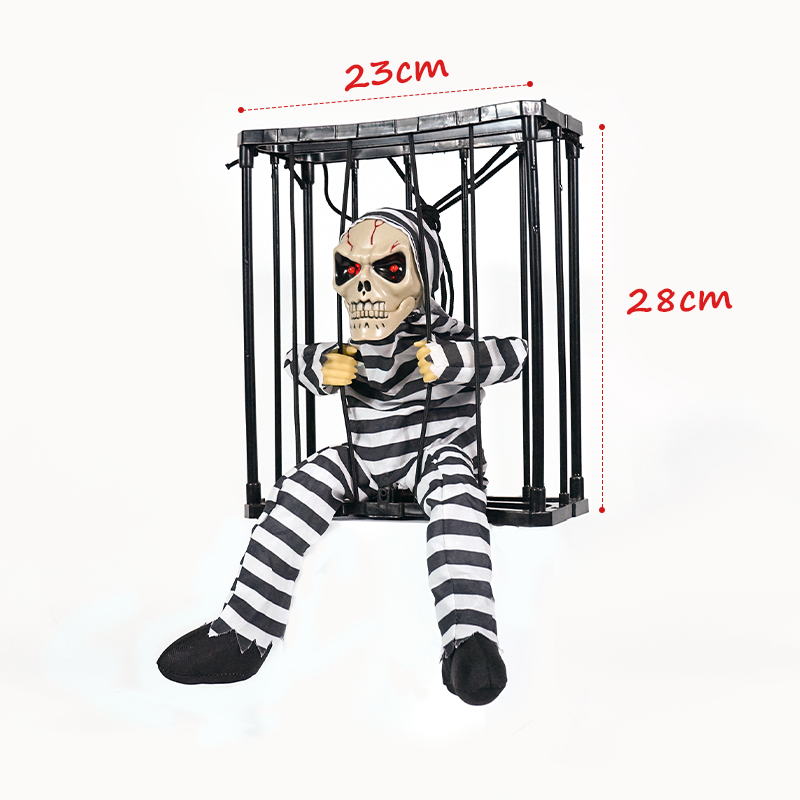 Screaming Hanging Halloween Motion Sensor Skeletons Cage Prisoner Light Up Eyes Haunted Props Skeletons With Free Sample