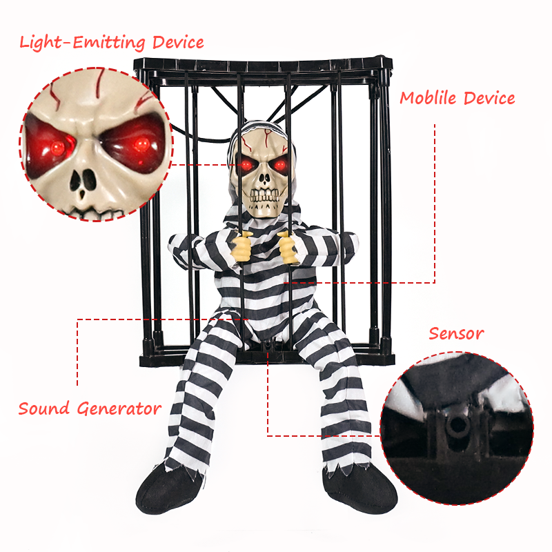 Screaming Hanging Halloween Motion Sensor Skeletons Cage Prisoner Light Up Eyes Haunted House Decorations With Free Sample