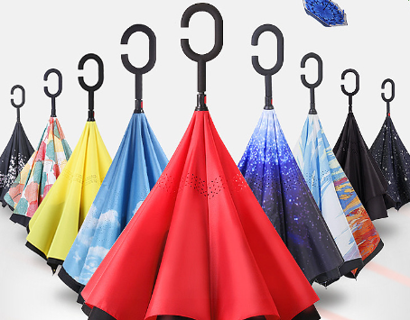 Umbrella with Logo Prints Custom Double Layer Inside Out C Shape Handle Design Inverted Folding Reverse