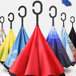 Umbrella with Logo Prints Custom Double Layer Inside Out C Shape Handle Design Inverted Folding Reverse