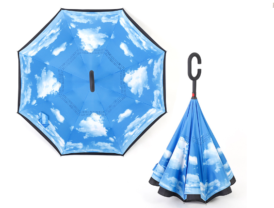 Umbrella with Logo Prints Custom Double Layer Inside Out C Shape Handle Design Inverted Folding Reverse