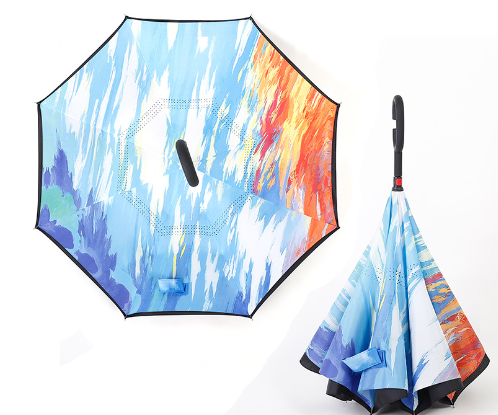 Umbrella with Logo Prints Custom Double Layer Inside Out C Shape Handle Design Inverted Folding Reverse