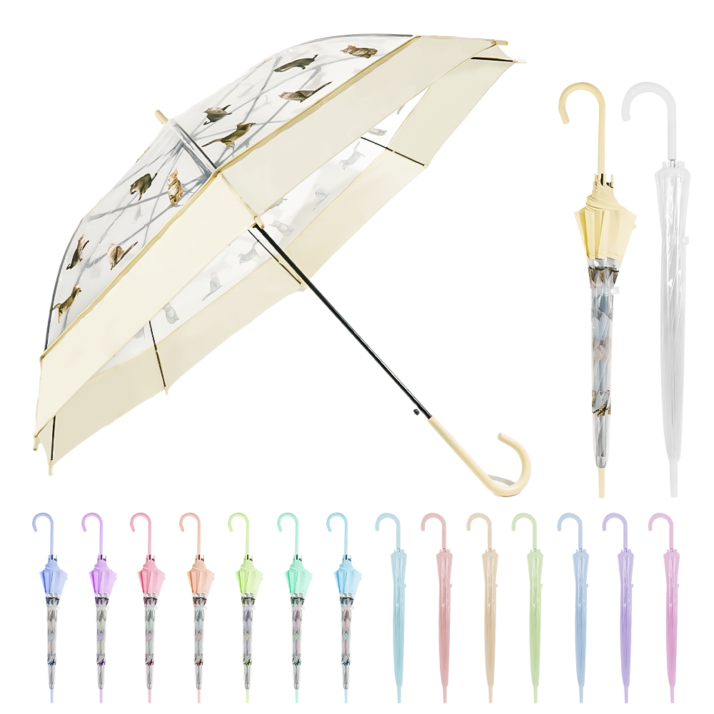 Manufacturer 2023 Pvc Poe Advertise Oem Transparent Cats And Dogs Automatically Open Customizable Logo Curved Handle Umbrella