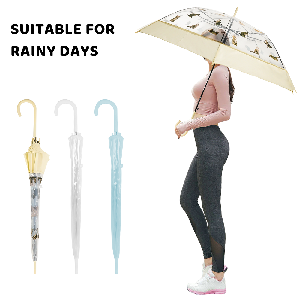 Manufacturer 2023 Pvc Poe Advertise Oem Transparent Cats And Dogs Automatically Open Customizable Logo Curved Handle Umbrella