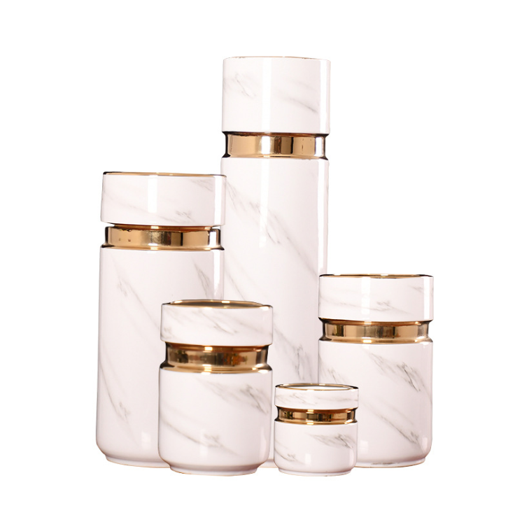 Fancy Luxury Simple Unique Floor White And Gold Marble Ceramic Vase For Flowers Decoration