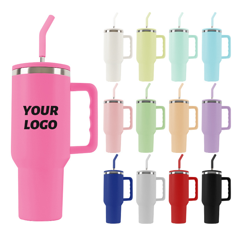 Custom Double Wall Insulated Stainless Steel Thermal Cup Adventure Travel Outdoor Mug 40 Oz Tumbler With Straw and Handle