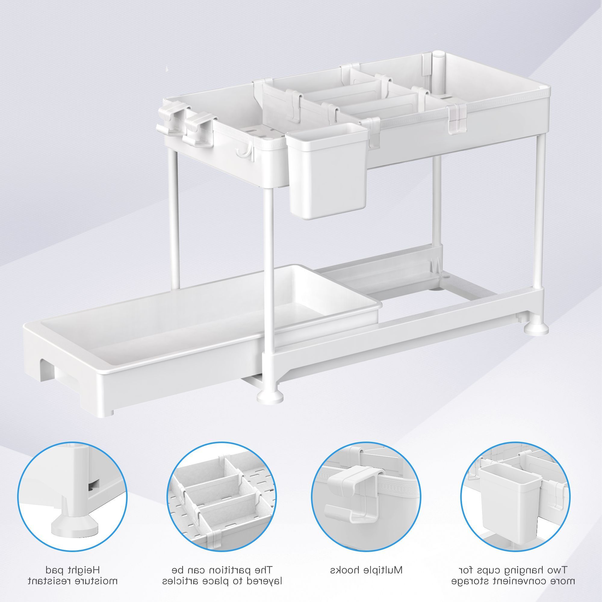 2-Tier Adjustable Drawer Kitchen Bathroom Organizer Countertop Spice Rack Under The Sink Storage With Hooks