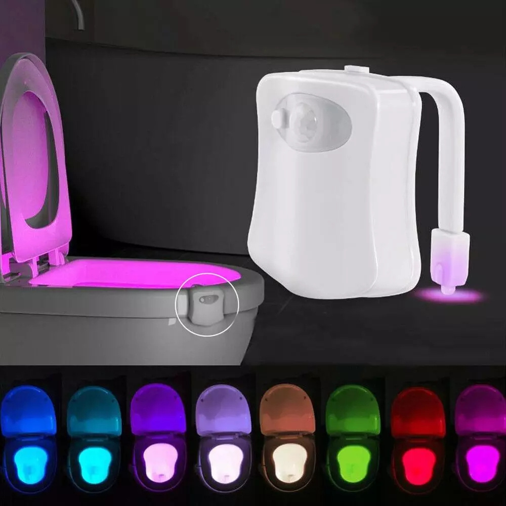 Battery powered 8 colors random switching motion sensor toilet bowl light, waterproof LED toilet night light