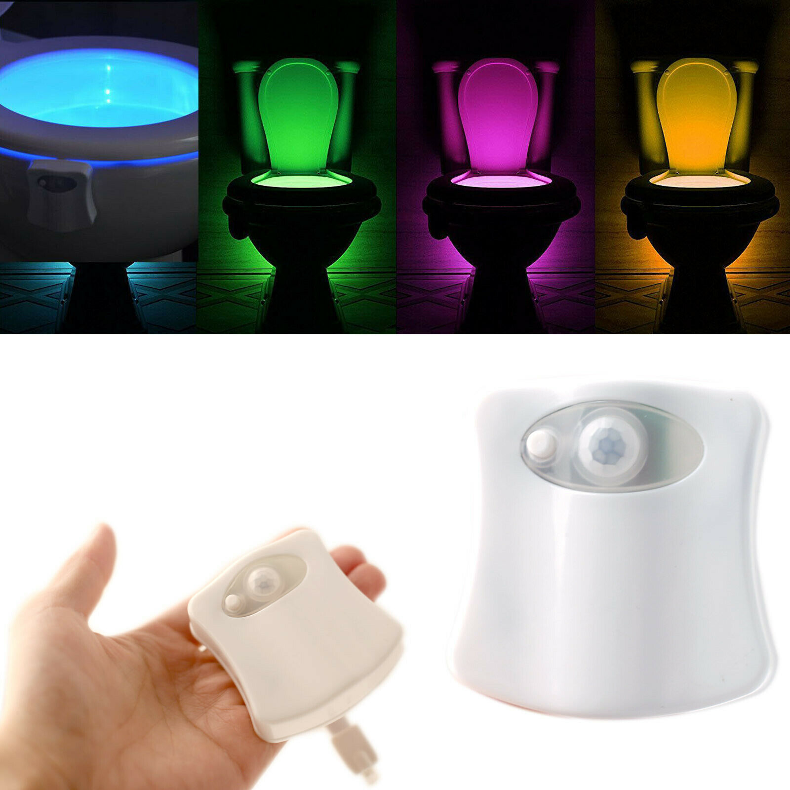 Battery powered 8 colors random switching motion sensor toilet bowl light, waterproof LED toilet night light