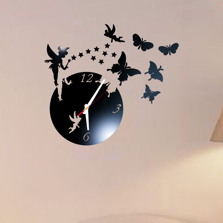 Butterfly girl and star 3D acrylic living room decoration mirror wall clock