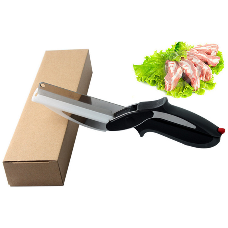 2-in-1 Clever Food Chopper Cutter Smart Stainless Steel Knife with Cutting Board Built-in for Chopping Fruits Vegetables Meat