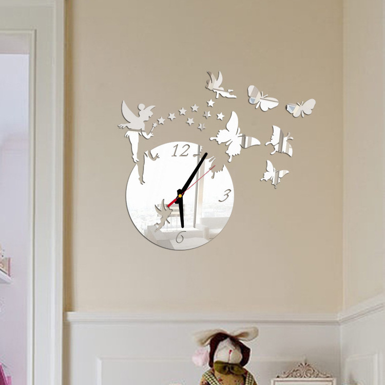 Butterfly girl and star 3D acrylic living room decoration mirror wall clock