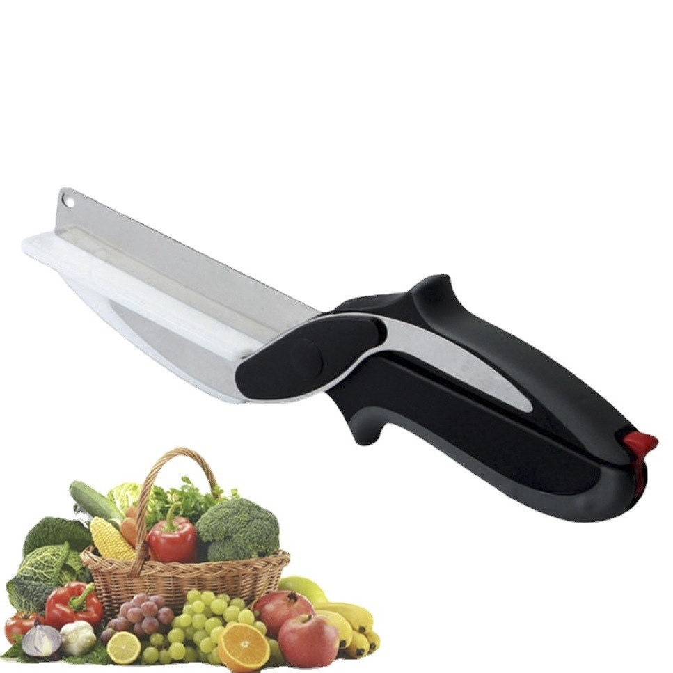 2-in-1 Clever Food Chopper Cutter Smart Stainless Steel Knife with Cutting Board Built-in for Chopping Fruits Vegetables Meat