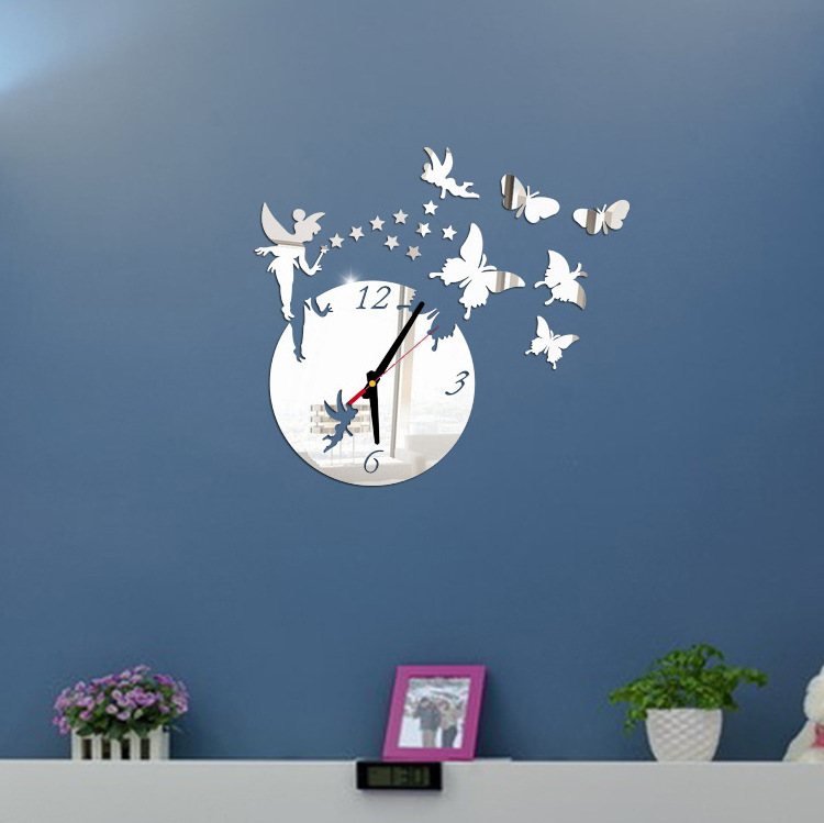 Butterfly girl and star 3D acrylic living room decoration mirror wall clock