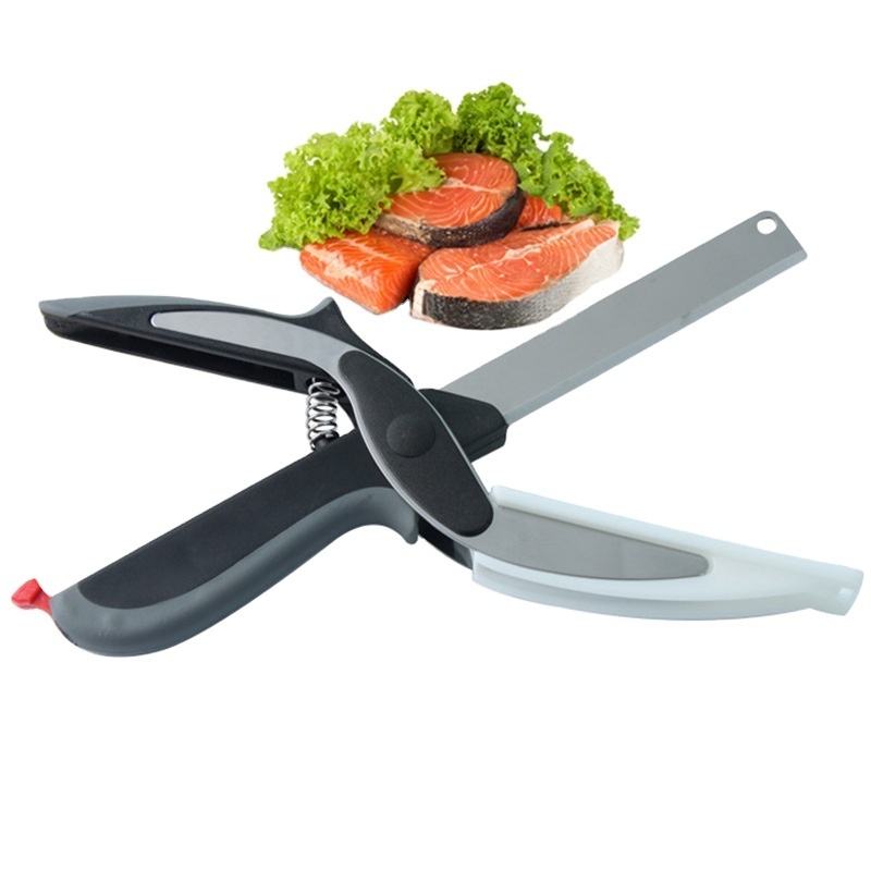 2-in-1 Clever Food Chopper Cutter Smart Stainless Steel Knife with Cutting Board Built-in for Chopping Fruits Vegetables Meat