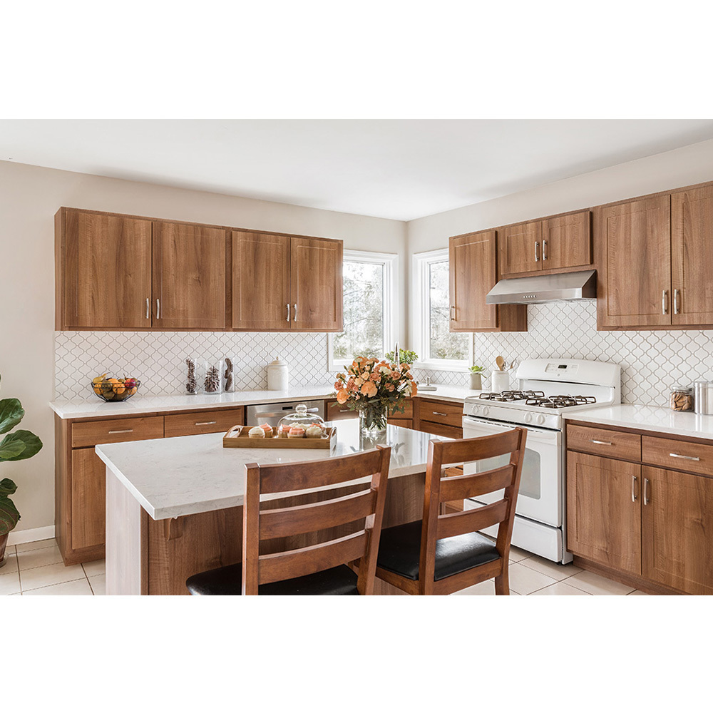 Pre Assebmled Packing Artifical Cherry Wood Grain Finish Shaker Style Kitchen Cabinet pantry with custom size