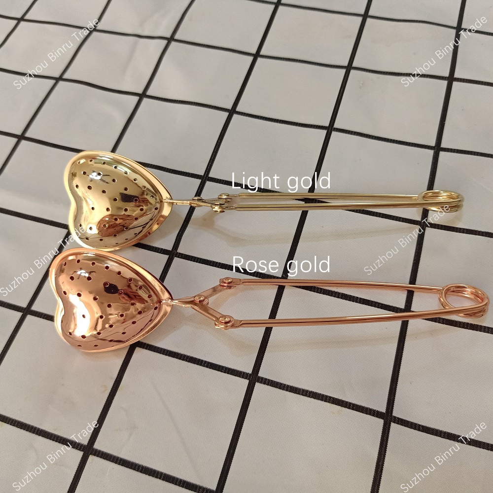 Teapot Steeper Loose Leaf Strainer Stainless Steel SS304 Rose Gold Clip Long Handle Heart Shape Snap Tea Infuser