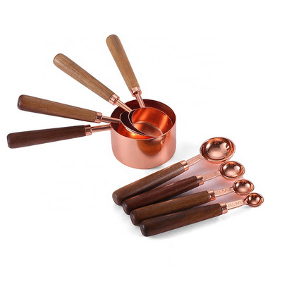 8pcs Baking Measure Tool Metal Teaspoon Wooden Handle Stainless Steel Measuring Cups and Spoons