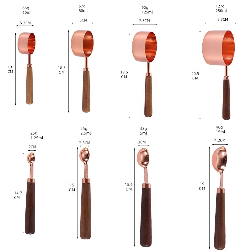 8pcs Baking Measure Tool Metal Teaspoon Wooden Handle Stainless Steel Measuring Cups and Spoons