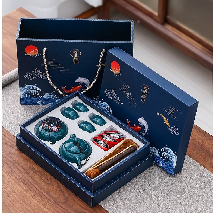 Chinese Porcelain Kung fu Tea Maker Blue Fish Teapot Including Pot Cup Portable Ceramic Kongfu Tea Set with Gift Box packaging