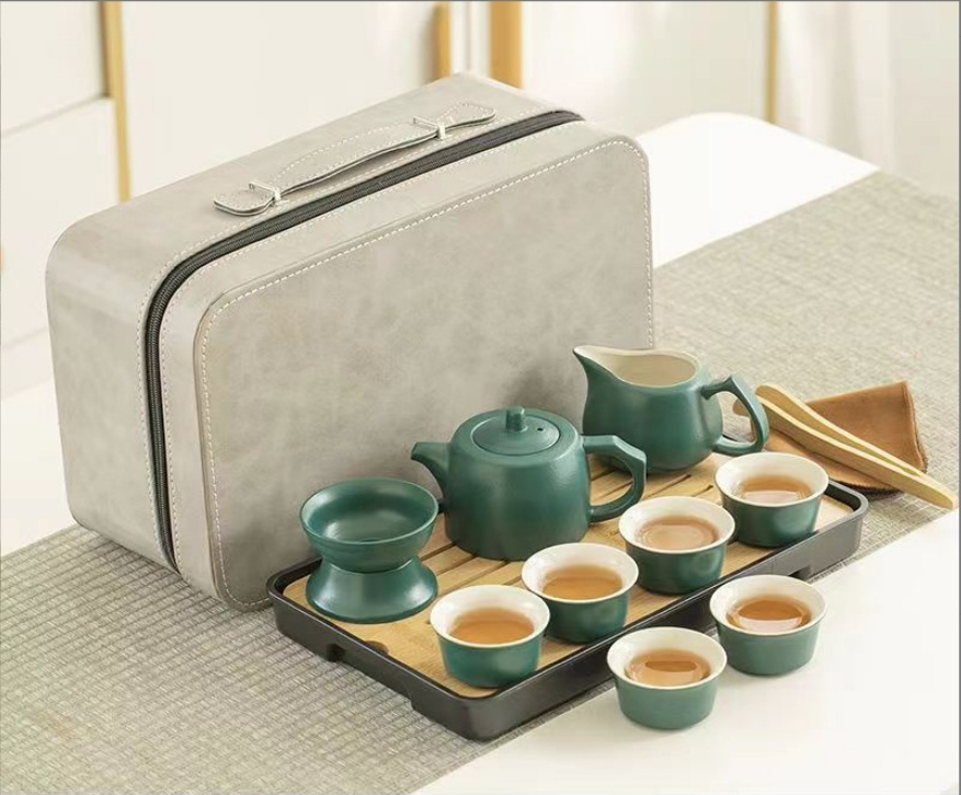 Chinese Holiday Promotional Gifts Blue Ceramic 6 Cups Kung Fu Teapot Travel Portable Chinese Kungfu Tea Set with Bamboo Tray