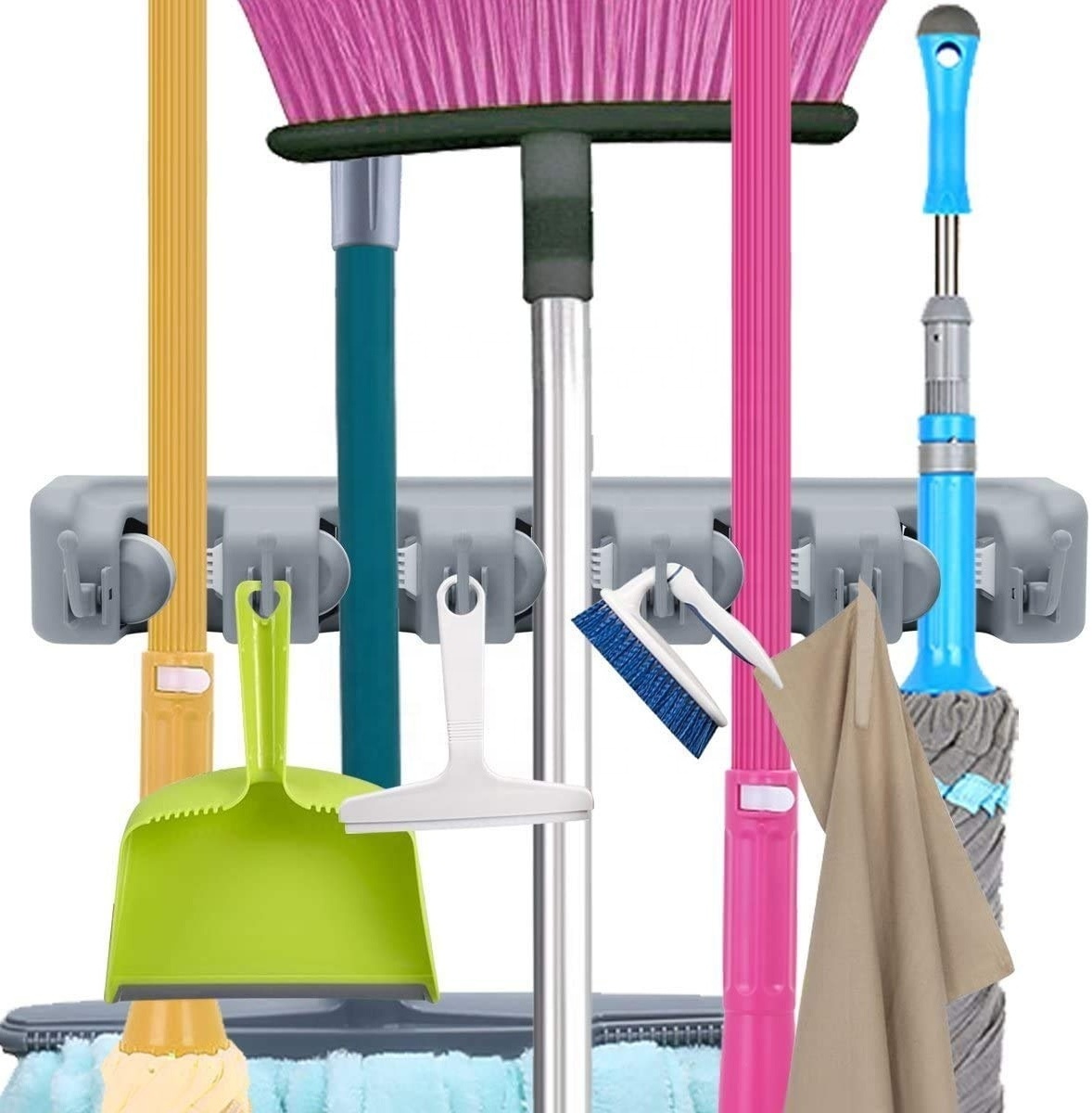 Garden Tool Organizer Broom Hanging Rack Wall Mounted 5 Position Plastic Broom Hanger Mop Holder with Hook