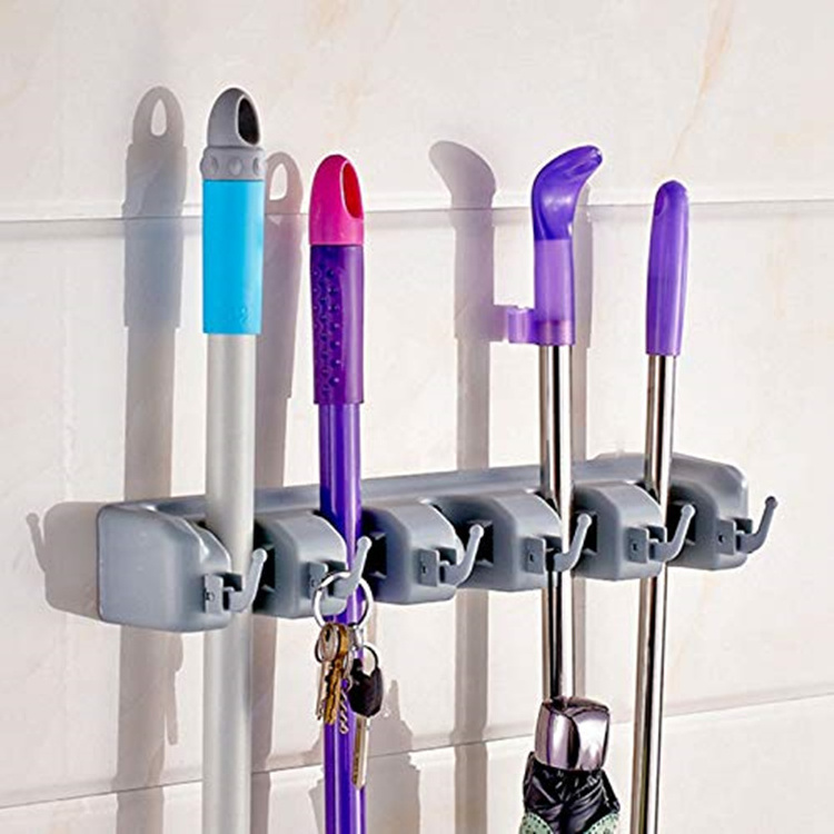 Garden Tool Organizer Broom Hanging Rack Wall Mounted 5 Position Plastic Broom Hanger Mop Holder with Hook