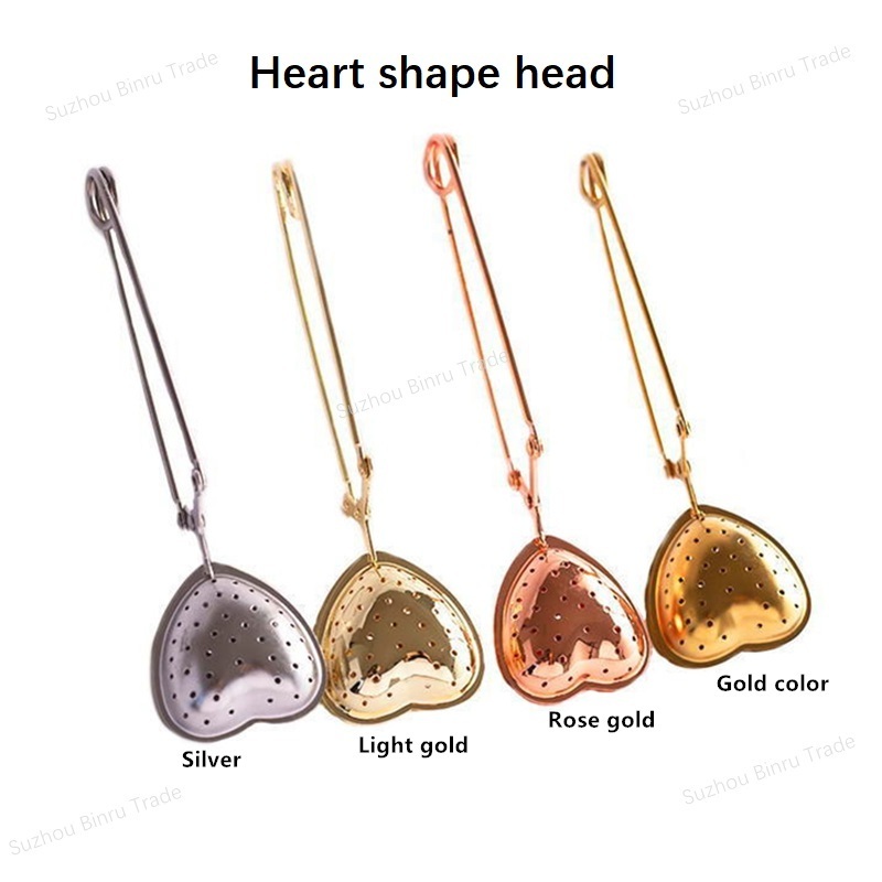 Teapot Steeper Loose Leaf Strainer Stainless Steel SS304 Rose Gold Clip Long Handle Heart Shape Snap Tea Infuser