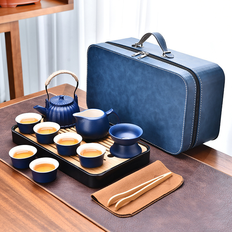 Chinese Holiday Promotional Gifts Blue Ceramic 6 Cups Kung Fu Teapot Travel Portable Chinese Kungfu Tea Set with Bamboo Tray