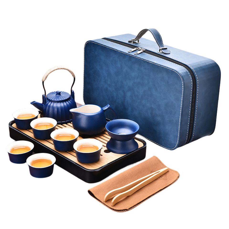 Chinese Holiday Promotional Gifts Blue Ceramic 6 Cups Kung Fu Teapot Travel Portable Chinese Kungfu Tea Set with Bamboo Tray