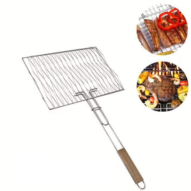 Wholesales outdoor stainless steel barbecue vegetable basket with wooden handle Hibachi Drift Cast Iron Grill Mesh Net Grid