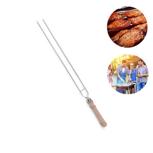 Strong and utility stainless steel double fork bbq food skewer with wood handle