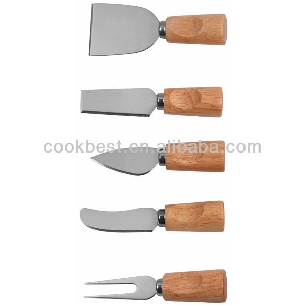 Hot sale 5pcs cheese fondue knife set with Rubber Wood Handle and Holder